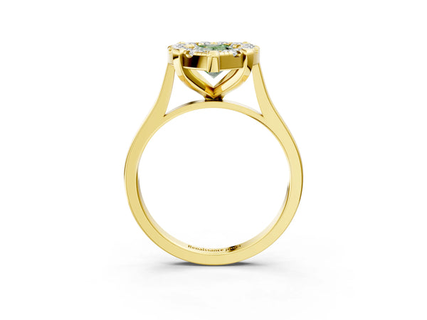 Yellow gold Fancy Green Pear  Diamond Cluster Halo Solitaire with Four-Prong Setting