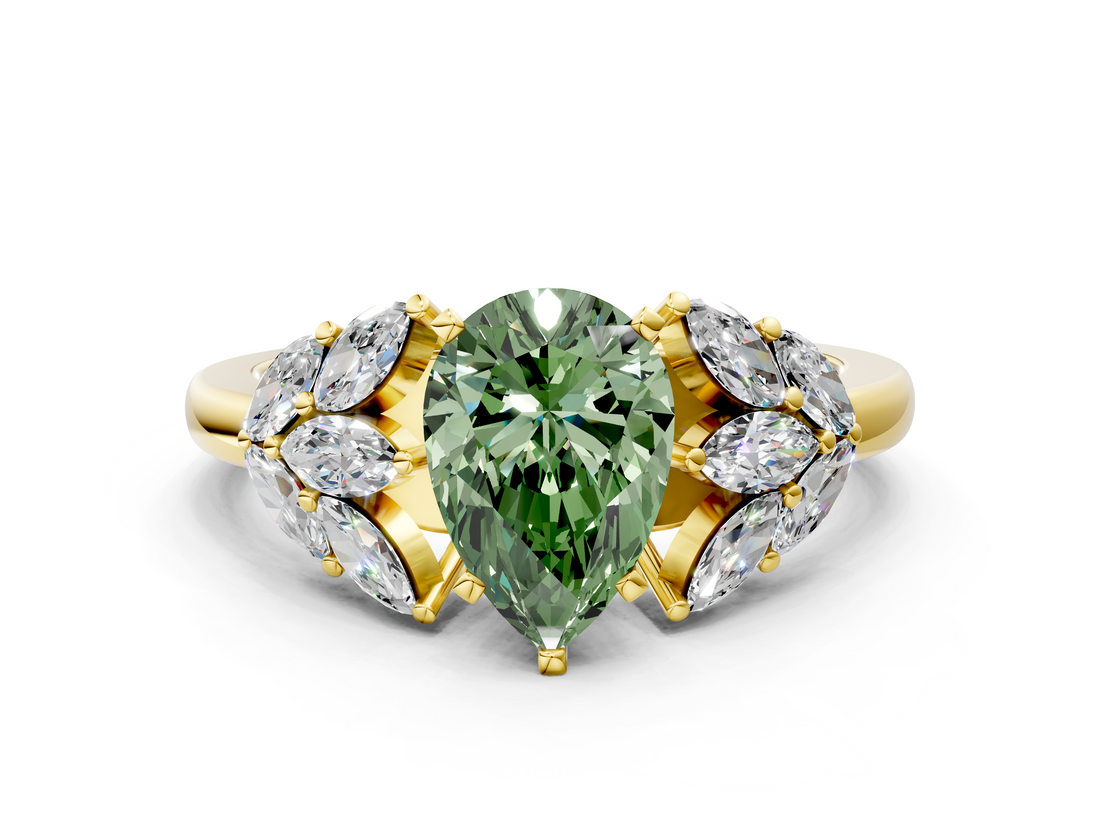 Yellow gold Fancy Green Pear  Diamond Cluster Leaf Design Ring with Prong Setting_54