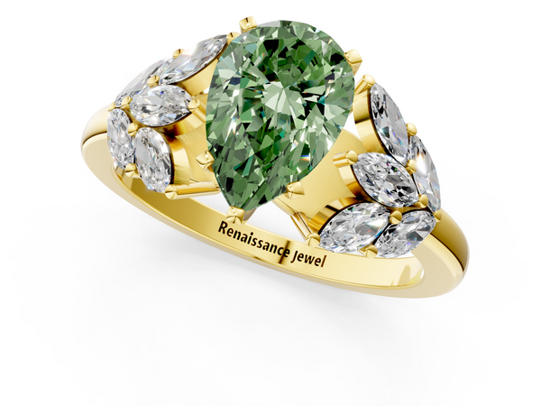 Yellow gold Fancy Green Pear  Diamond Cluster Leaf Design Ring with Prong Setting