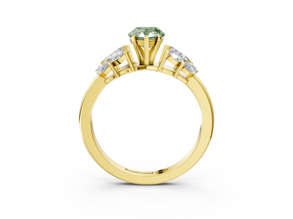 Yellow gold Fancy Green Pear  Diamond Cluster Leaf Design Ring with Prong Setting