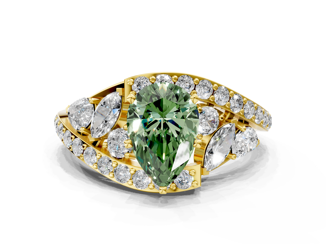 Yellow gold Fancy Green Pear  Diamond Halo Ring with Marquise and Pavé Band in Prong Setting_70