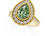 Yellow gold Fancy Green Pear  Diamond Halo Ring with Milgrain Frame and Pavé Band 1