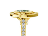 Yellow gold Fancy Green Pear  Diamond Halo Ring with Milgrain Frame and Pavé Band 5