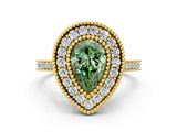 Yellow gold Fancy Green Pear  Diamond Halo Ring with Milgrain Frame and Pavé Band