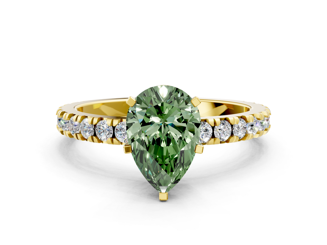 Yellow gold Fancy Green Pear  Diamond Pavé Band Solitaire with Four-Prong Setting_196