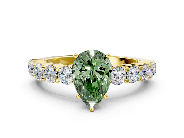 Yellow gold Fancy Green Pear  Diamond Solitaire Ring with Shared Prong Round Side Stones