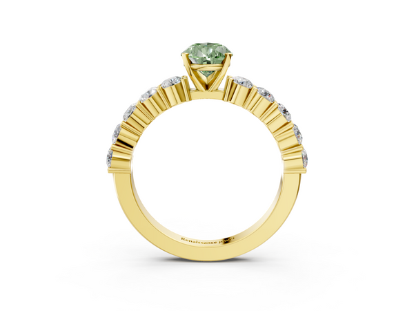 Yellow gold Fancy Green Pear  Diamond Solitaire Ring with Shared Prong Round Side Stones