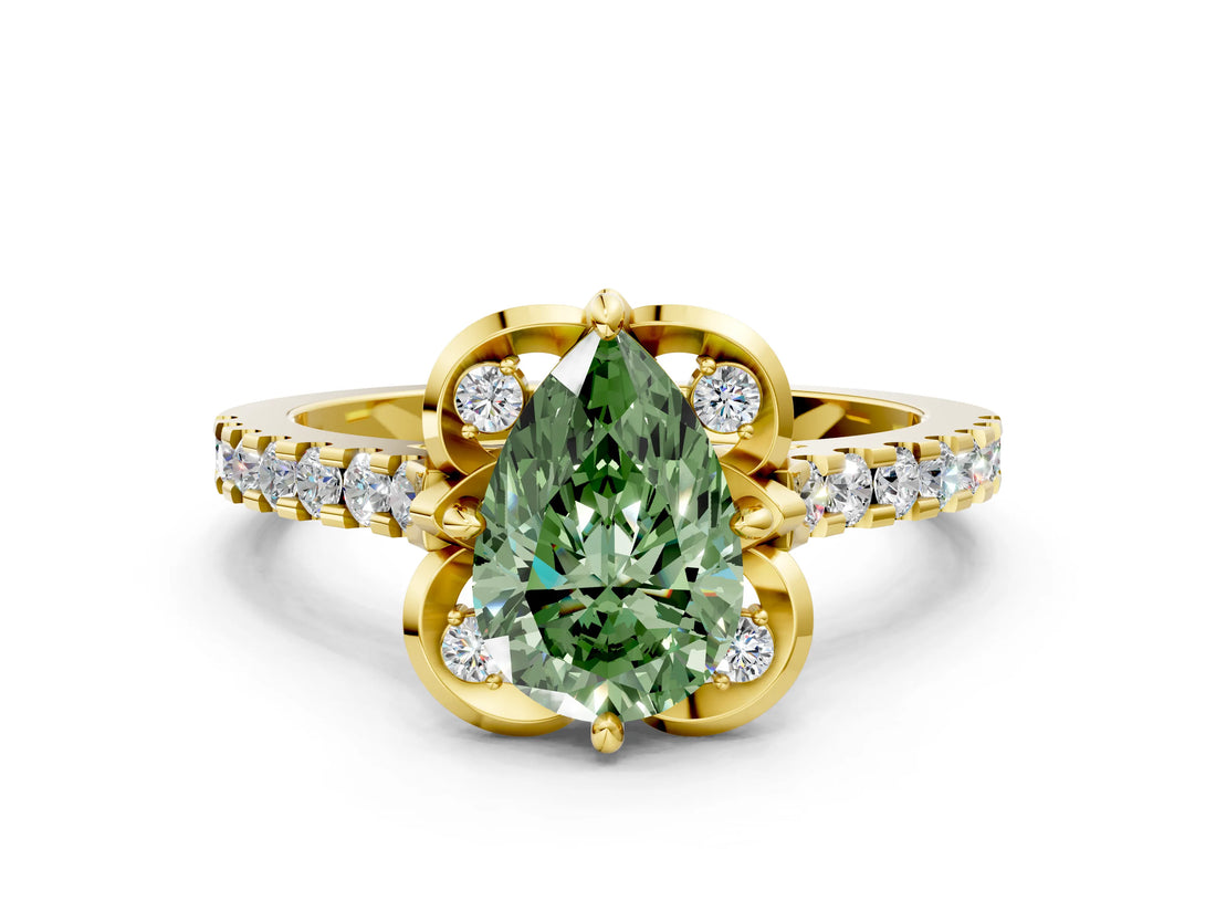 Yellow gold Fancy Green Pear  Diamond Pave Band with Floral Prong Setting_27
