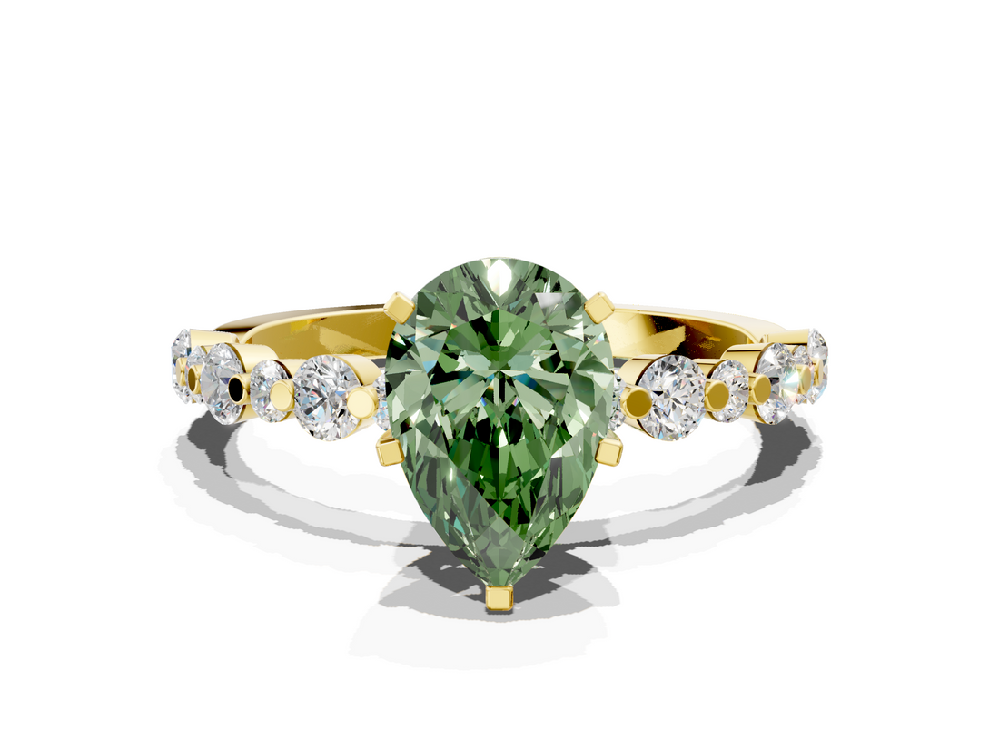 Yellow gold Fancy Green Pear  Diamond Prong Set Engagement Ring with Pave Band_218