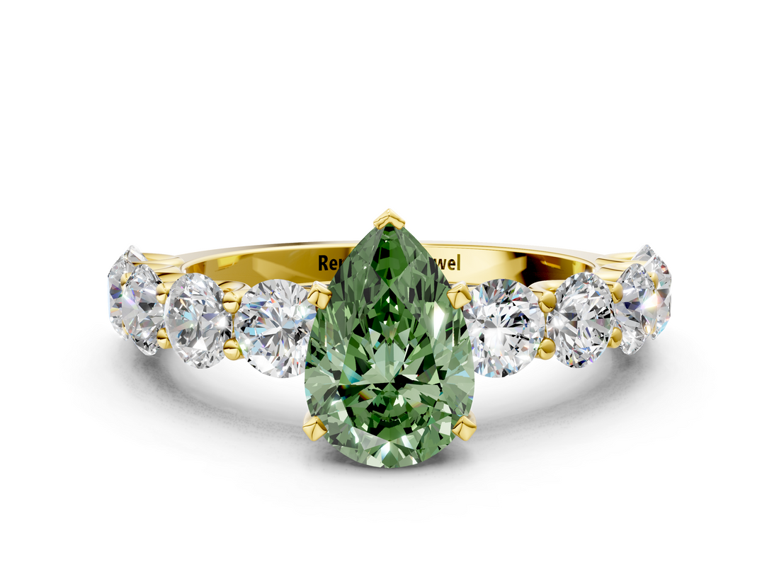 Yellow gold Fancy Green Pear  Diamond Prong Setting with Side Stones on a Pave Band_130