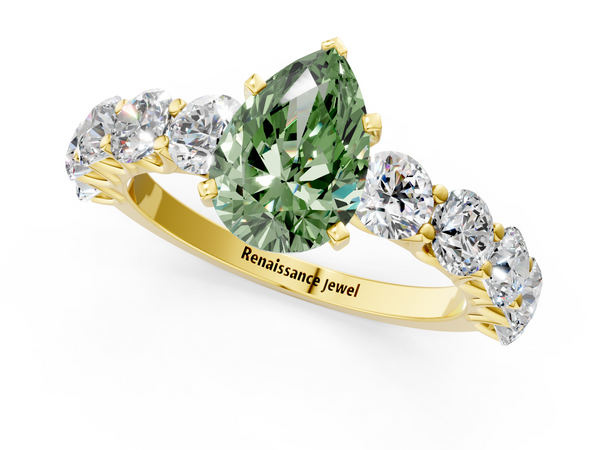 Yellow gold Fancy Green Pear Cut Diamond Prong Setting with Side Stones on a Pave Band