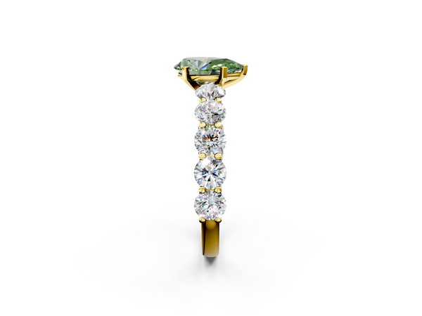 Yellow gold Fancy Green Pear Cut Diamond Prong Setting with Side Stones on a Pave Band