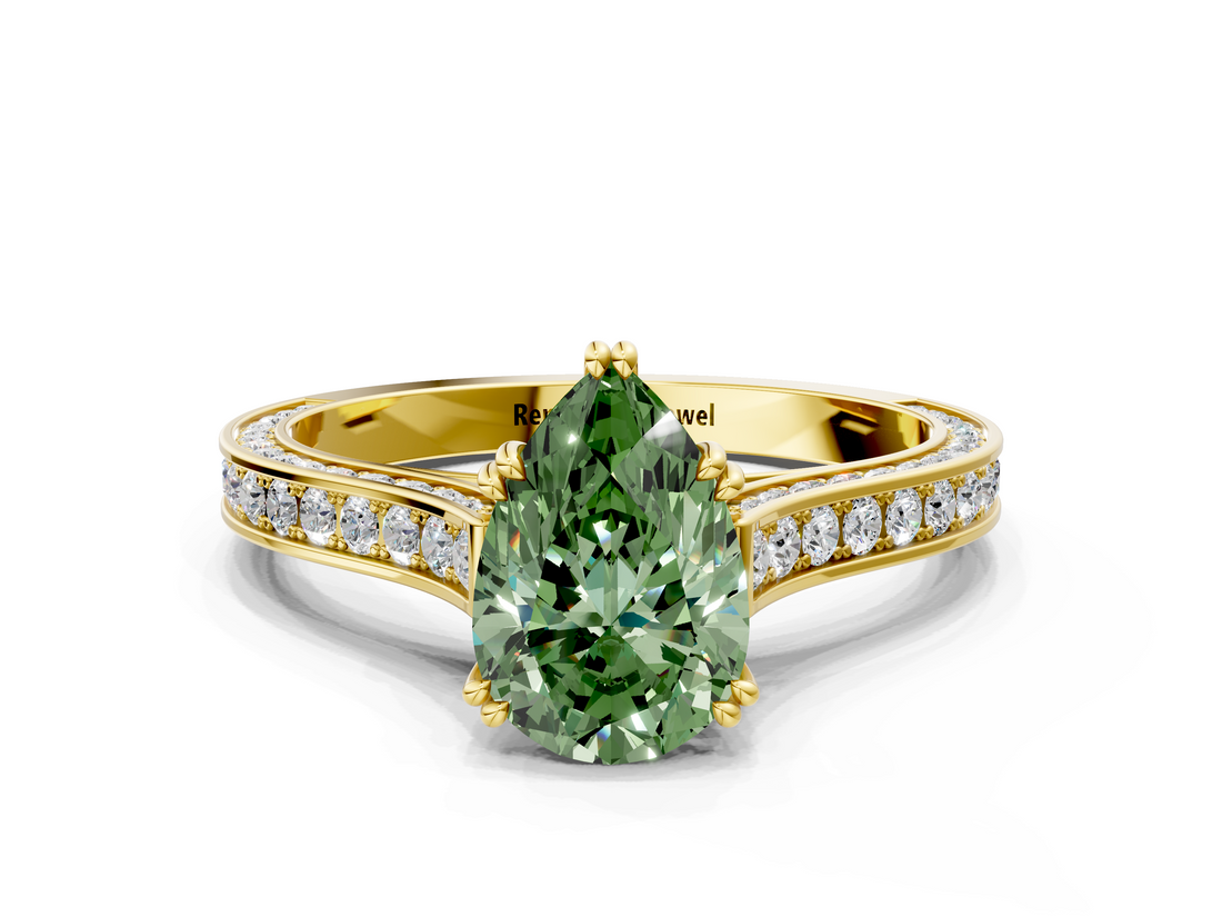 Yellow gold Fancy Green Pear  Diamond Solitaire with Pave Band and Six-Prong Setting_20