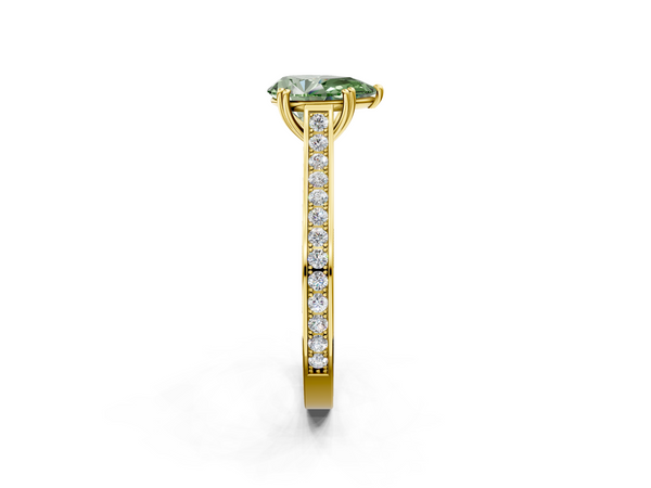 Yellow gold Fancy Green Pear  Diamond Solitaire with Pave Band and Six-Prong Setting