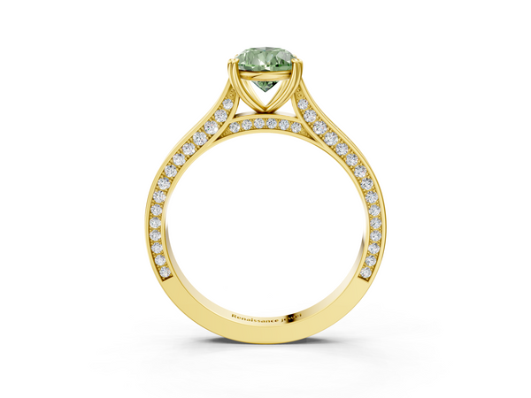 Yellow gold Fancy Green Pear  Diamond Solitaire with Pave Band and Six-Prong Setting
