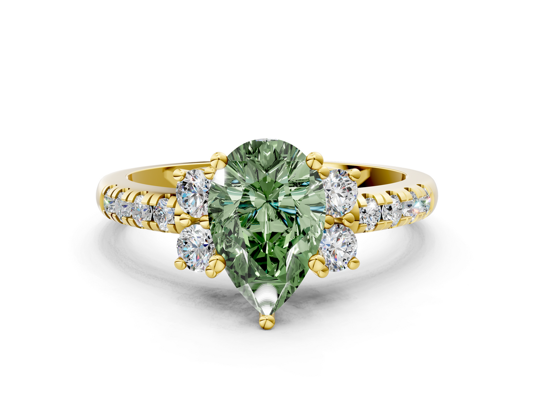 Yellow gold Fancy Green Pear  Diamond Three-Stone Pave Band with Four-Prong Setting_20