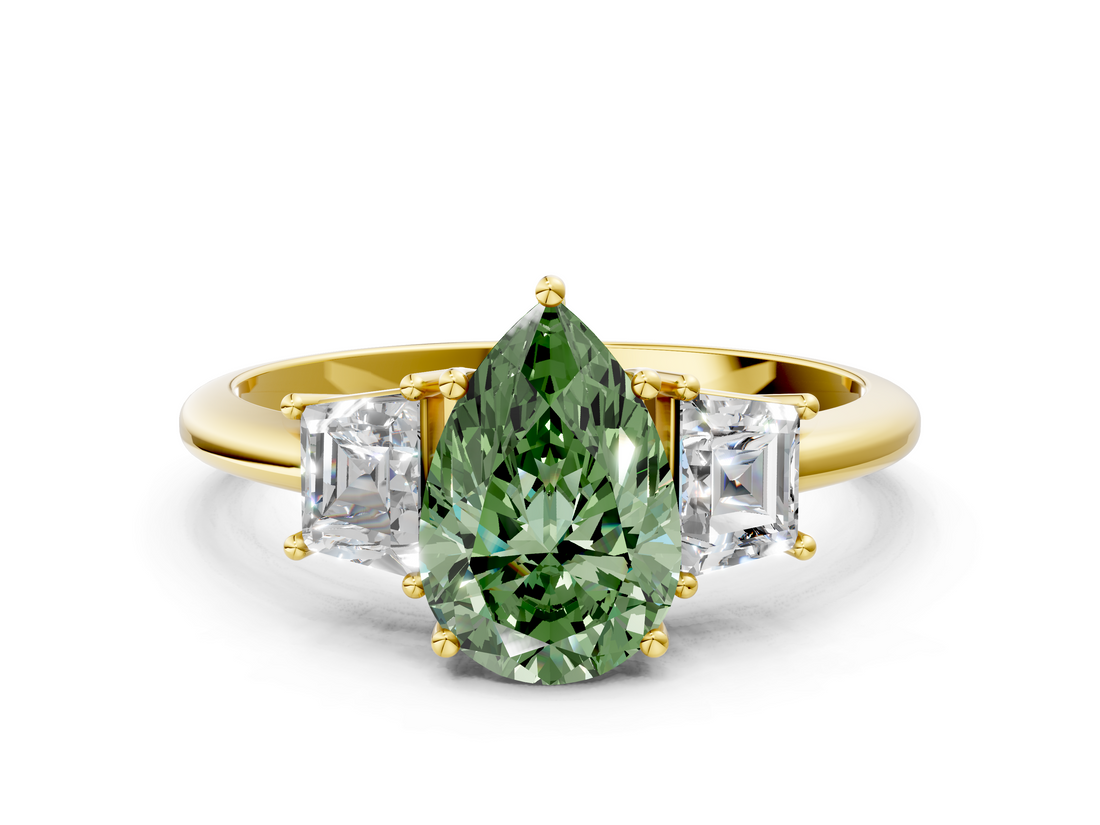 Yellow gold Fancy Green Pear  Diamond Three-Stone Ring with Trapezoid Side Stones and Prong Setting_16