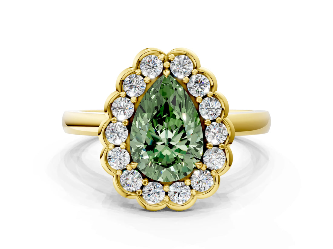 Yellow gold Fancy Green Pear  Halo Cluster Diamond Engagement Ring with Solitaire Band and Prong Setting_49