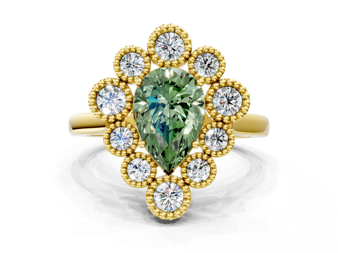 Yellow gold Fancy Green Pear  Halo Diamond Cluster Engagement Ring with Milgrain Bezel Setting and Solitaire Band_45