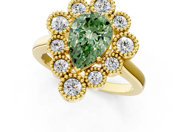 Yellow gold Fancy Green Pear  Halo Diamond Cluster Engagement Ring with Milgrain Bezel Setting and Solitaire Band