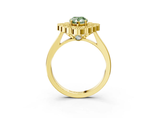 Yellow gold Fancy Green Pear  Halo Diamond Cluster Engagement Ring with Milgrain Bezel Setting and Solitaire Band
