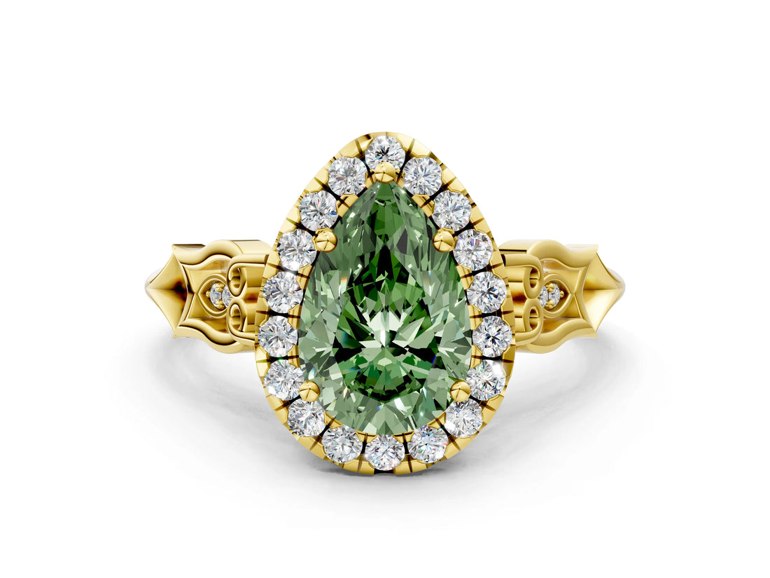 Yellow gold Fancy Green Pear  Halo Diamond Engagement Ring with Filigree Band and Four-Prong Setting_81