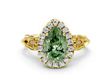 Yellow gold Fancy Green Pear  Halo Diamond Engagement Ring with Filigree Band and Four-Prong Setting_81