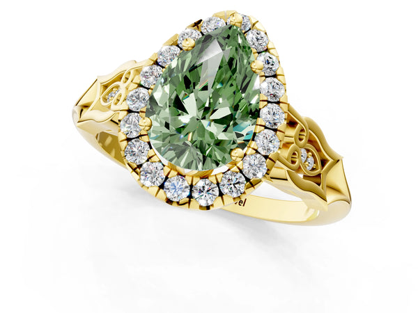 Yellow gold Fancy Green Pear  Halo Diamond Engagement Ring with Filigree Band and Four-Prong Setting