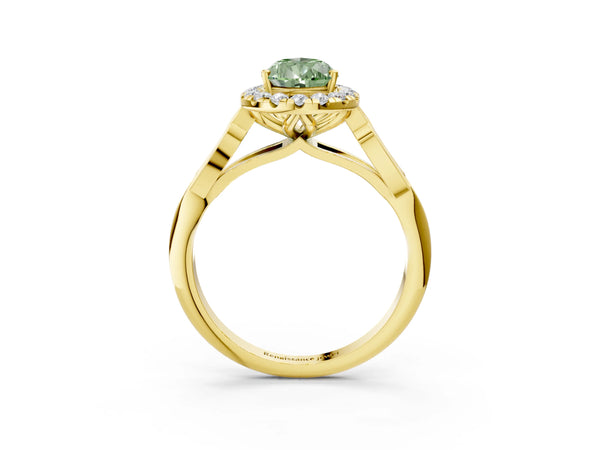 Yellow gold Fancy Green Pear  Halo Diamond Engagement Ring with Filigree Band and Four-Prong Setting