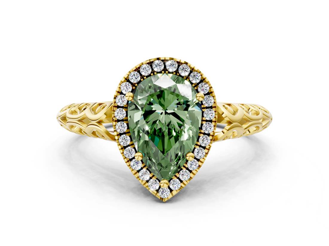 Yellow gold Fancy Green Pear  Halo Diamond Engagement Ring with Intricate Filigree Band and Four-Prong Setting_54