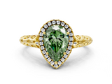 Yellow gold Fancy Green Pear  Halo Diamond Engagement Ring with Intricate Filigree Band and Four-Prong Setting_54