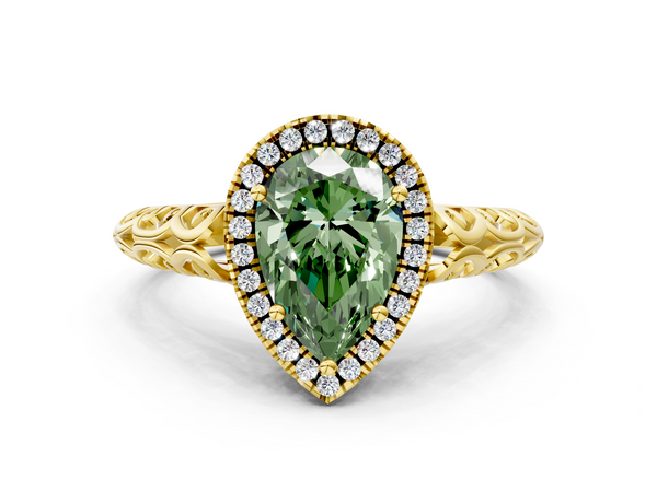 Yellow gold Fancy Green Pear  Halo Diamond Engagement Ring with Intricate Filigree Band and Four-Prong Setting