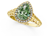 Yellow gold Fancy Green Pear  Halo Diamond Engagement Ring with Intricate Filigree Band and Four-Prong Setting_55