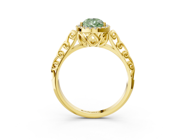 Yellow gold Fancy Green Pear  Halo Diamond Engagement Ring with Intricate Filigree Band and Four-Prong Setting
