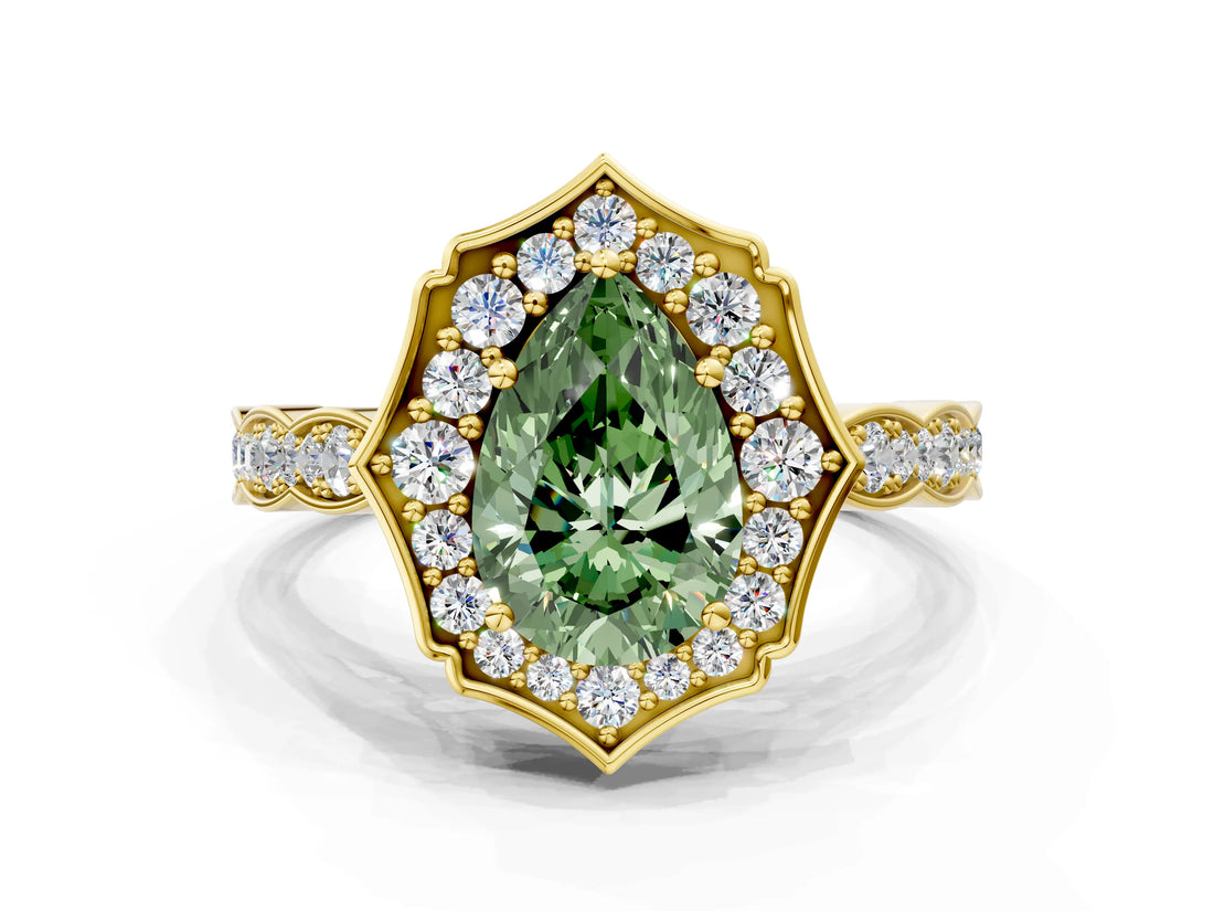 Yellow gold Fancy Green Pear  Halo Diamond Engagement Ring with Milgrain Band and Four-Prong Setting_37