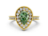 Yellow gold Fancy Green Pear  Halo Diamond Engagement Ring with Milgrain Pave Band and Four-Prong Setting_12