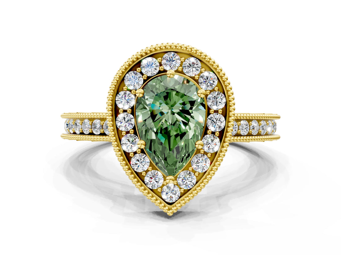 Yellow gold Fancy Green Pear  Halo Diamond Engagement Ring with Milgrain Pave Band and Four-Prong Setting_123