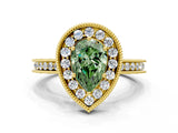 Yellow gold Fancy Green Pear  Halo Diamond Engagement Ring with Milgrain Pave Band and Four-Prong Setting_123