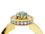 Yellow gold Fancy Green Pear  Halo Diamond Engagement Ring with Milgrain Pave Band and Four-Prong Setting_127