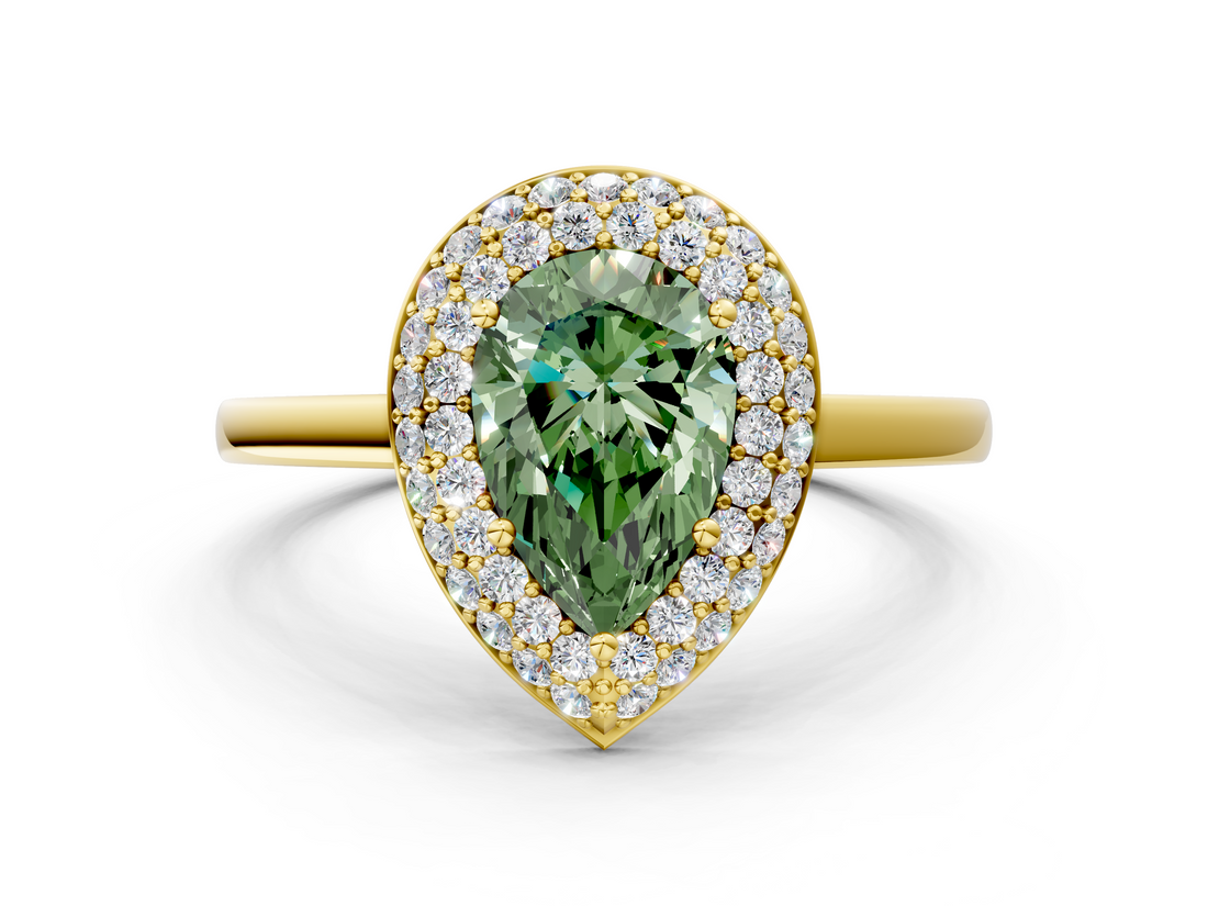 Yellow gold Fancy Green Pear  Halo Diamond Engagement Ring with Solitaire Band and Four-Prong Setting_20