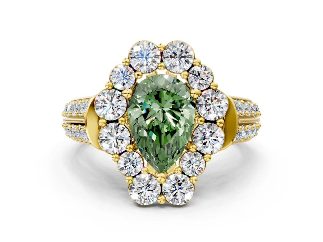 Yellow gold Fancy Green Pear  Halo Diamond Engagement Ring with Split Shank and Prong Setting_66