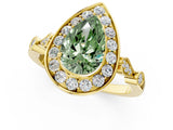 Yellow gold Fancy Green Pear  Halo Diamond Engagement Ring with Twisted Band and Four-Prong Setting 1