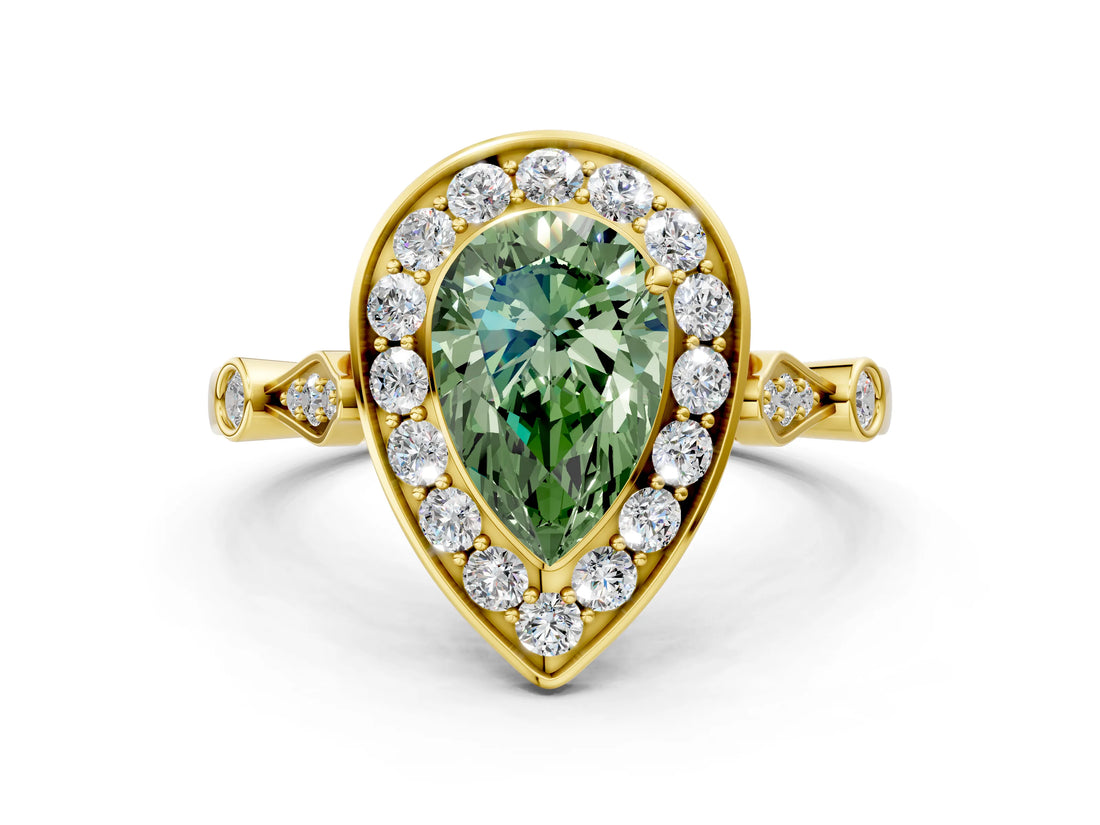 Yellow gold Fancy Green Pear  Halo Diamond Engagement Ring with Twisted Band and Four-Prong Setting