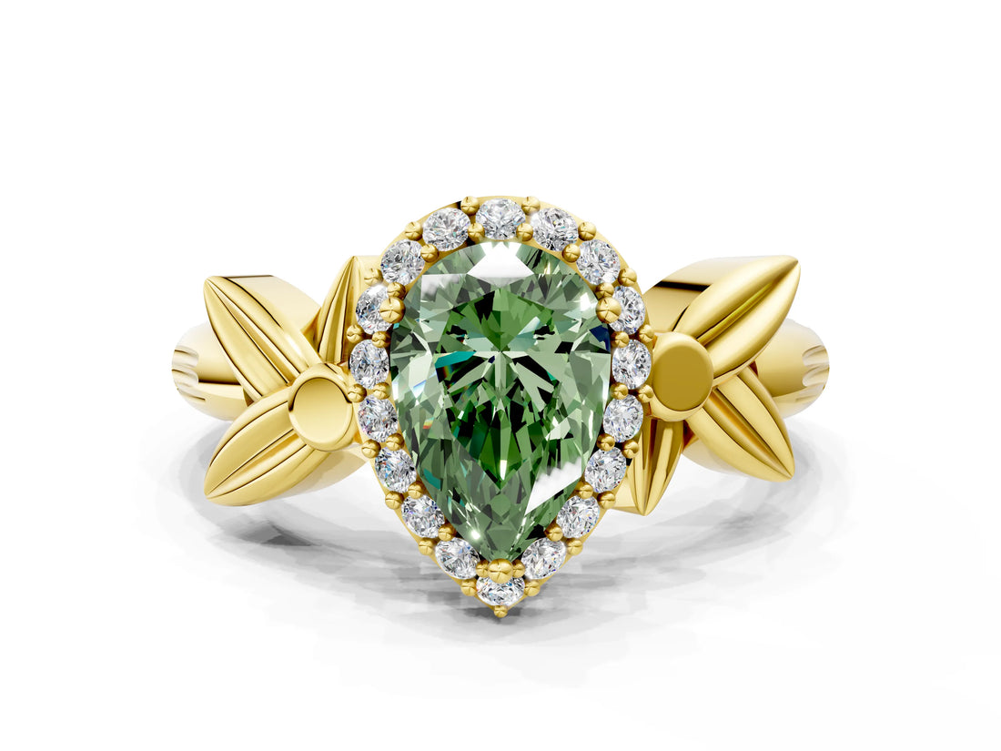 Yellow gold Fancy Green Pear  Halo Diamond Floral Band with Four-Prong Setting_55