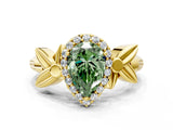 Yellow gold Fancy Green Pear  Halo Diamond Floral Band with Four-Prong Setting_55