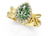 Yellow gold Fancy Green Pear  Halo Diamond Floral Band with Four-Prong Setting_56