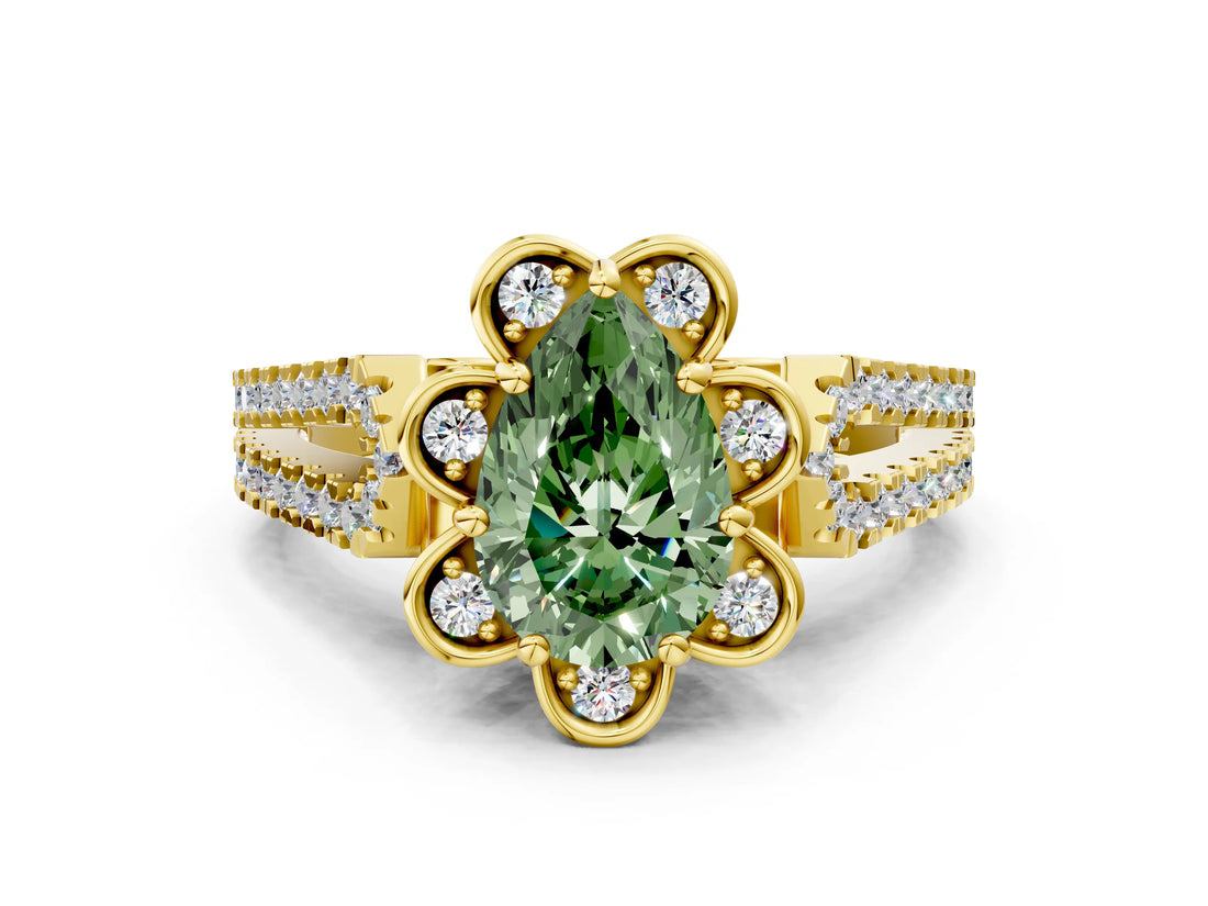 Yellow gold Fancy Green Pear  Halo Diamond Floral Split Shank Engagement Ring