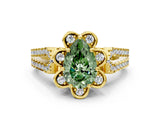 Yellow gold Fancy Green Pear  Halo Diamond Floral Split Shank Engagement Ring