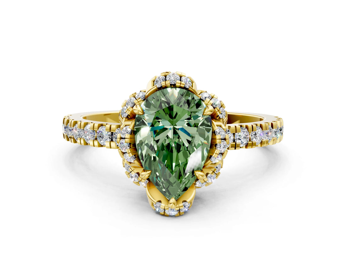 Yellow gold Fancy Green Pear  Halo Diamond Pave Band Ring with Four-Prong Setting_15