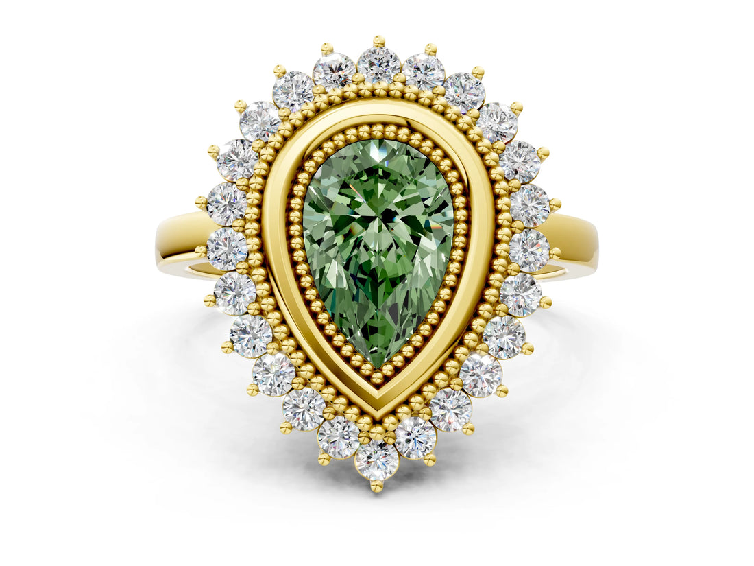 Yellow gold Fancy Green Pear  Halo Diamond Ring with Milgrain Edge and Round Prong Setting_43